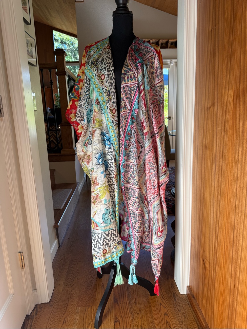 Johnny Was Multicolor Printed Tara Kimono-Style Cape with Tassels